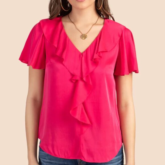 Trina Turk 'Larissa' Ruffle-Trim Stretch Silk-Blend Top, Dragonfruit Pink - Picture 1 of 2